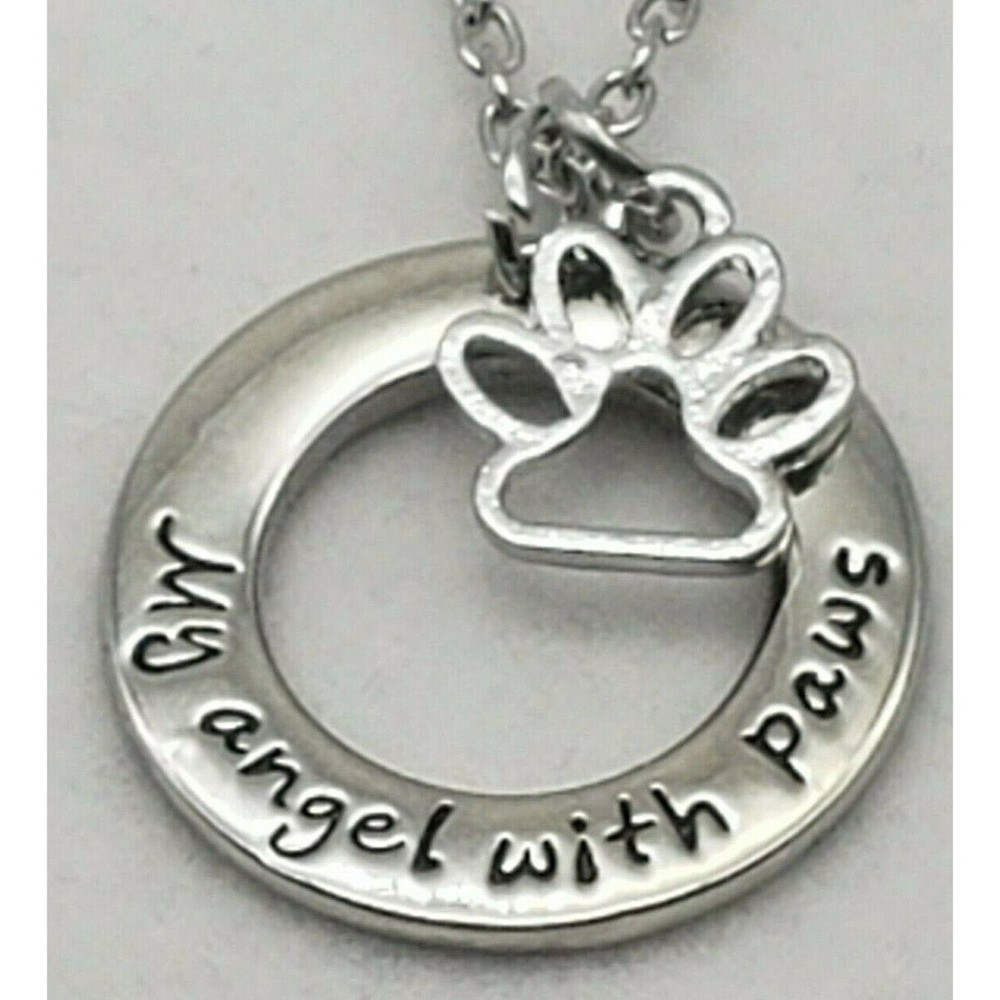 Dog Pet Memorial Charm Pendant Necklace Silver Tone My Angel with Paws